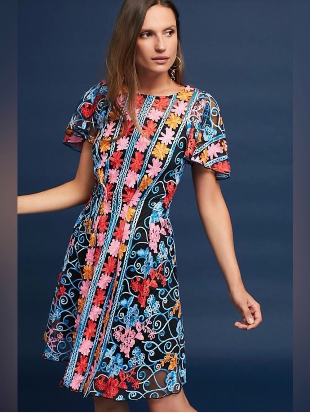 ANTHROPOLOGIE Eva Franco Ferrah Sheer Embroidered Floral Dress sz small